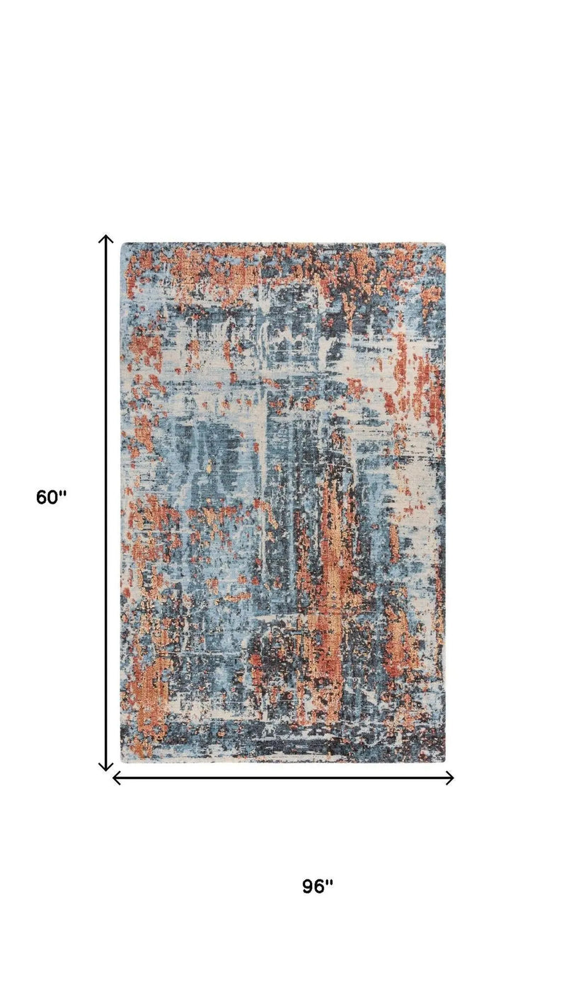 5' X 8' Blue Apricot And Ivory New Zealand Lambs Wool Abstract Hand Carved Handmade Area Rug Homeroots Home Decor