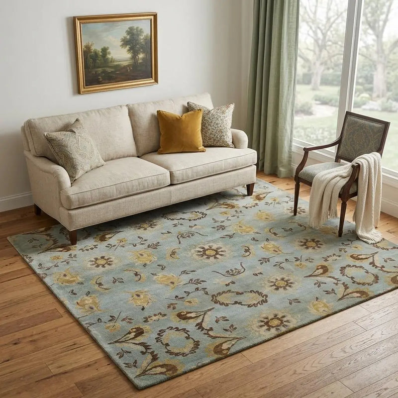 5' X 8' Blue Brown And Tan Wool Floral Hand Knotted Area Rug Homeroots Home Decor