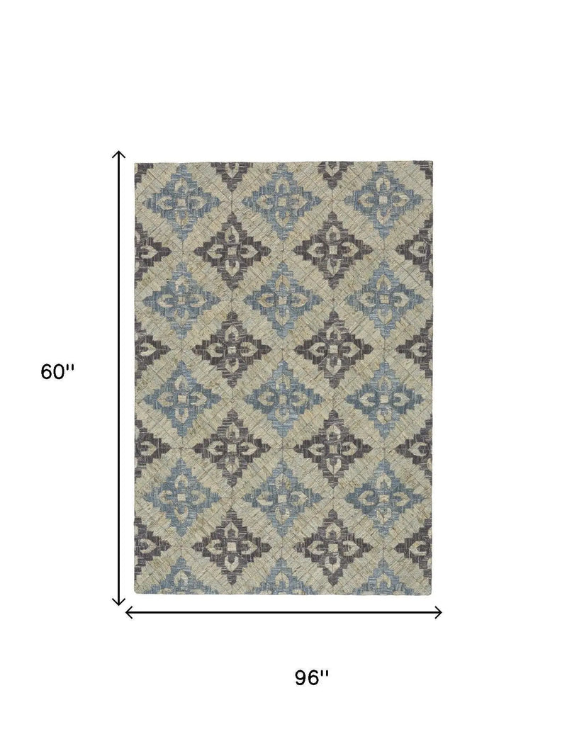 5' X 8' Blue Gray And Taupe Jute Geometric Hand Woven Area Rug Homeroots Home Decor