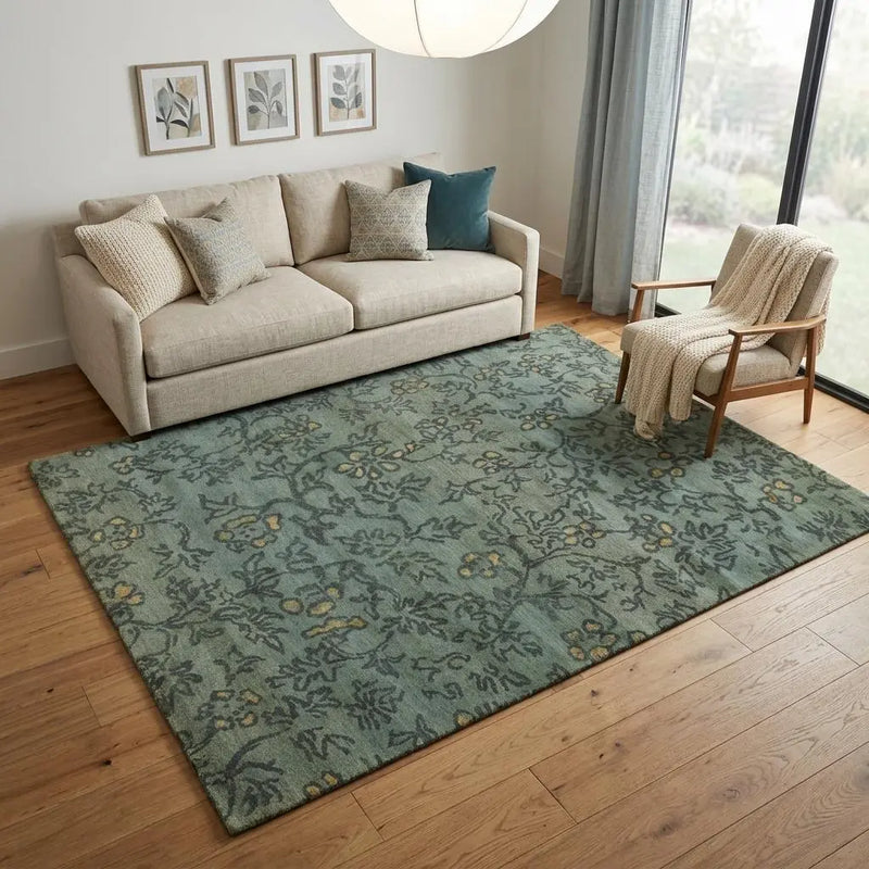5' X 8' Blue Green And Gold Wool Floral Hand Knotted Area Rug Homeroots Home Decor