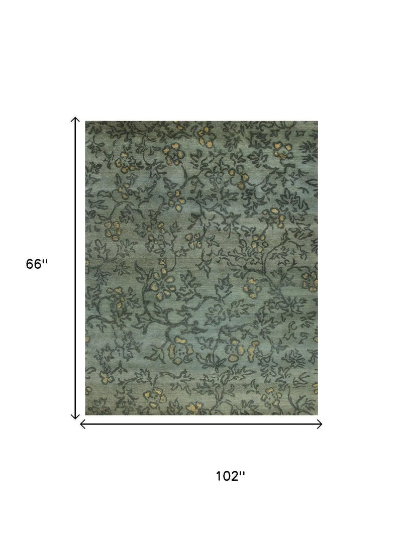 5' X 8' Blue Green And Gold Wool Floral Hand Knotted Area Rug Homeroots Home Decor