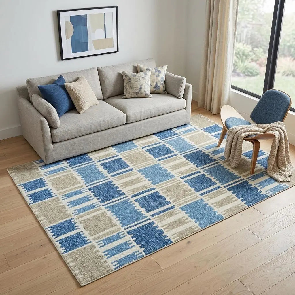 5' X 8' Blue Ivory And Beige Wool Geometric Hand Tufted Area Rug Homeroots Home Decor