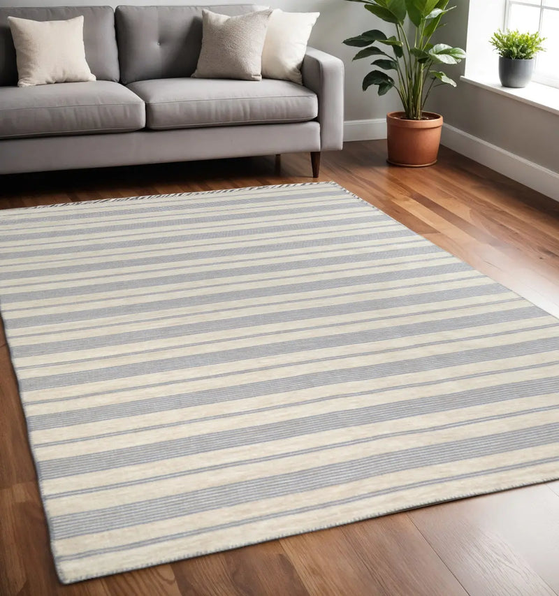 5' X 8' Blue Ivory And Tan Striped Dhurrie Hand Woven Stain Resistant Area Rug Homeroots Outdoor