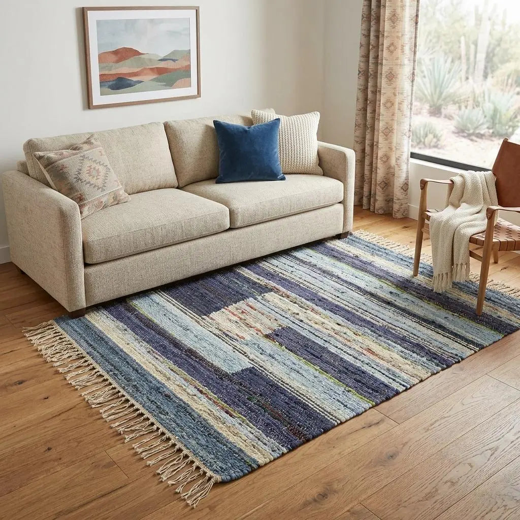 5' X 8' Blue Purple And Tan Geometric Hand Woven Area Rug With Fringe Homeroots Home Decor