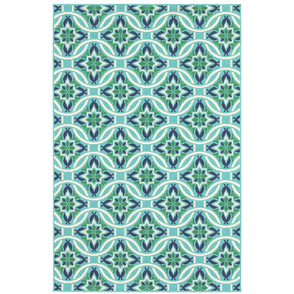5' X 8' Blue and Green Geometric Stain Resistant Indoor Outdoor Area Rug Homeroots Outdoor