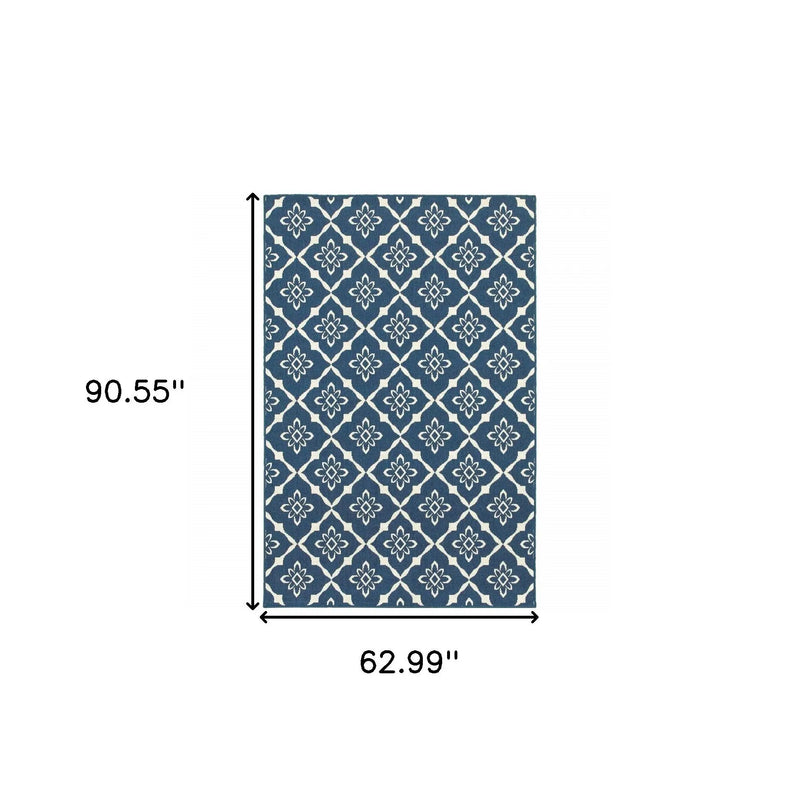 5' X 8' Blue and Ivory Floral Stain Resistant Indoor Outdoor Area Rug Homeroots Outdoor