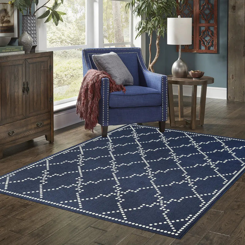 5' X 8' Blue and Ivory Geometric Stain Resistant Indoor Outdoor Area Rug Homeroots Outdoor