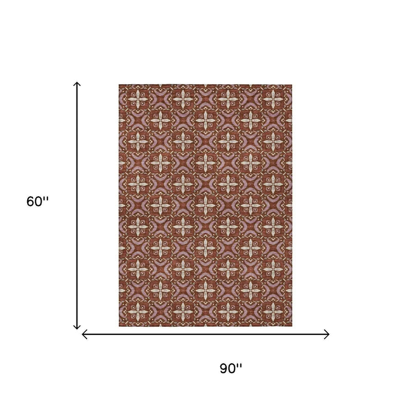 5' X 8' Brick Red And Red Geometric Washable Indoor Outdoor Area Rug Homeroots Outdoor