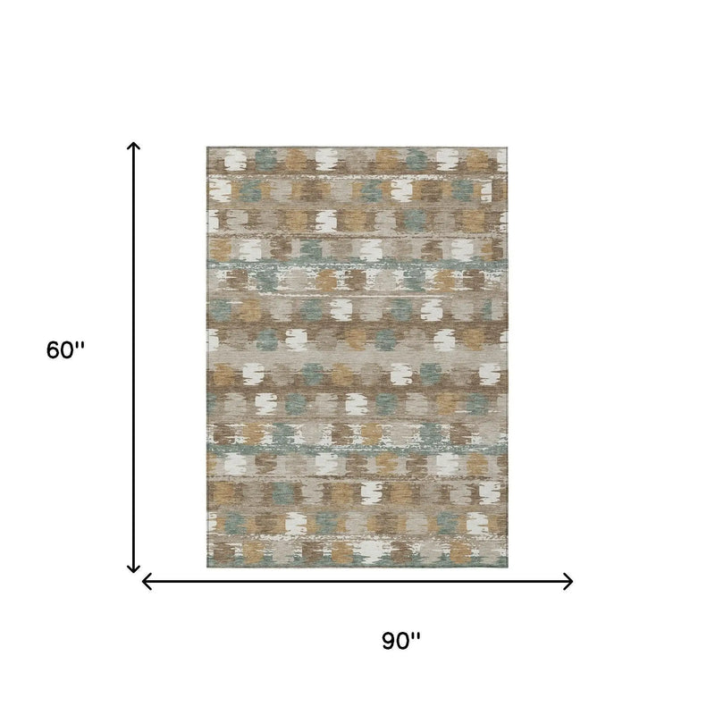 5' X 8' Brown And Aqua Abstract Washable Indoor Outdoor Area Rug Homeroots Outdoor