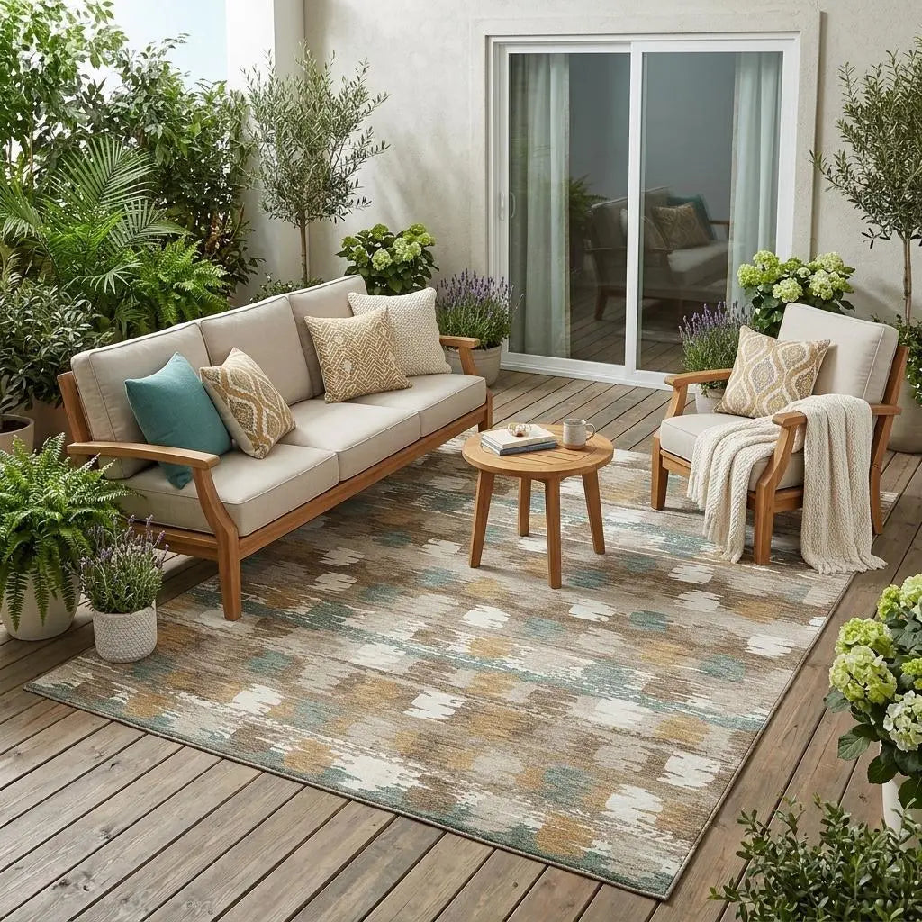 5' X 8' Brown And Aqua Abstract Washable Indoor Outdoor Area Rug Homeroots Outdoor