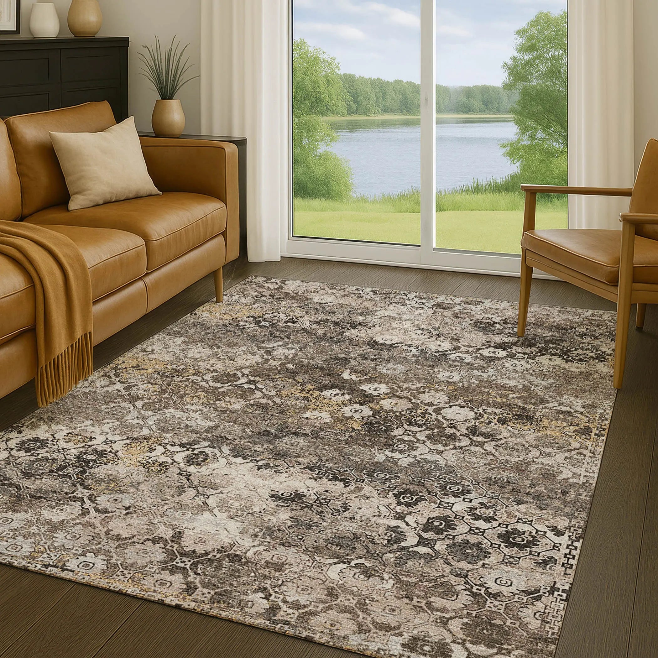 5' X 8' Brown And Beige Abstract Washable Indoor Outdoor Area Rug Homeroots Outdoor