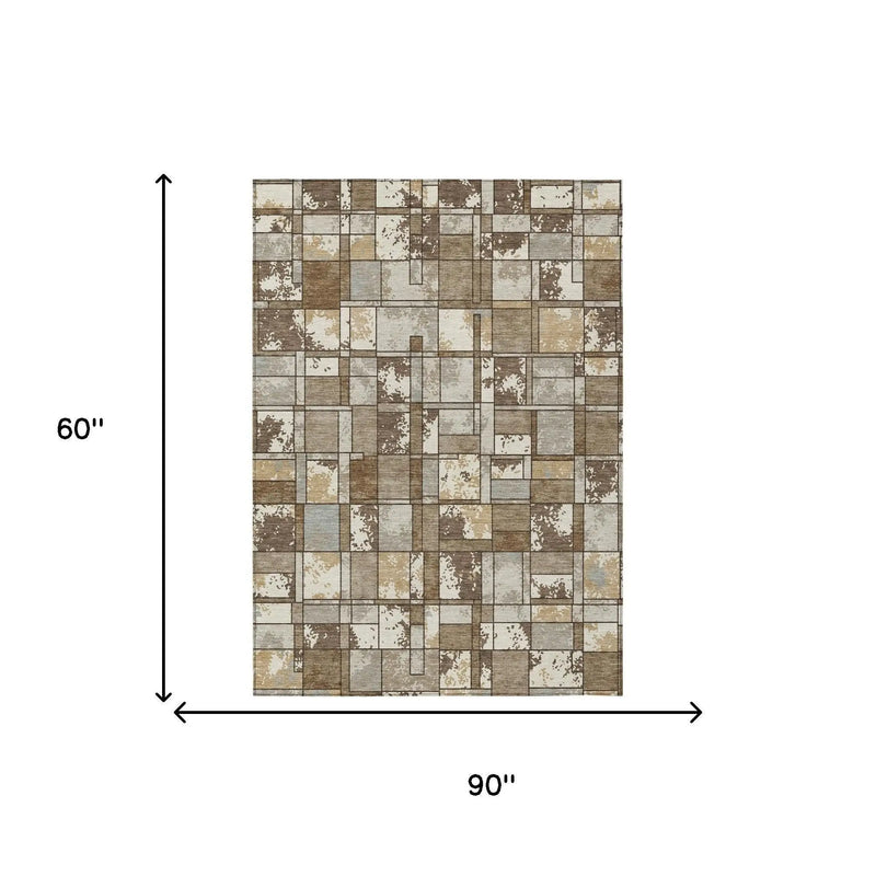 5' X 8' Brown And Beige Geometric Washable Indoor Outdoor Area Rug Homeroots Outdoor