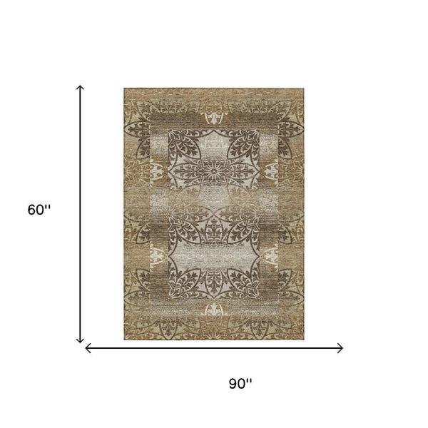 5' X 8' Brown And Beige Oriental Washable Indoor Outdoor Area Rug Homeroots Outdoor