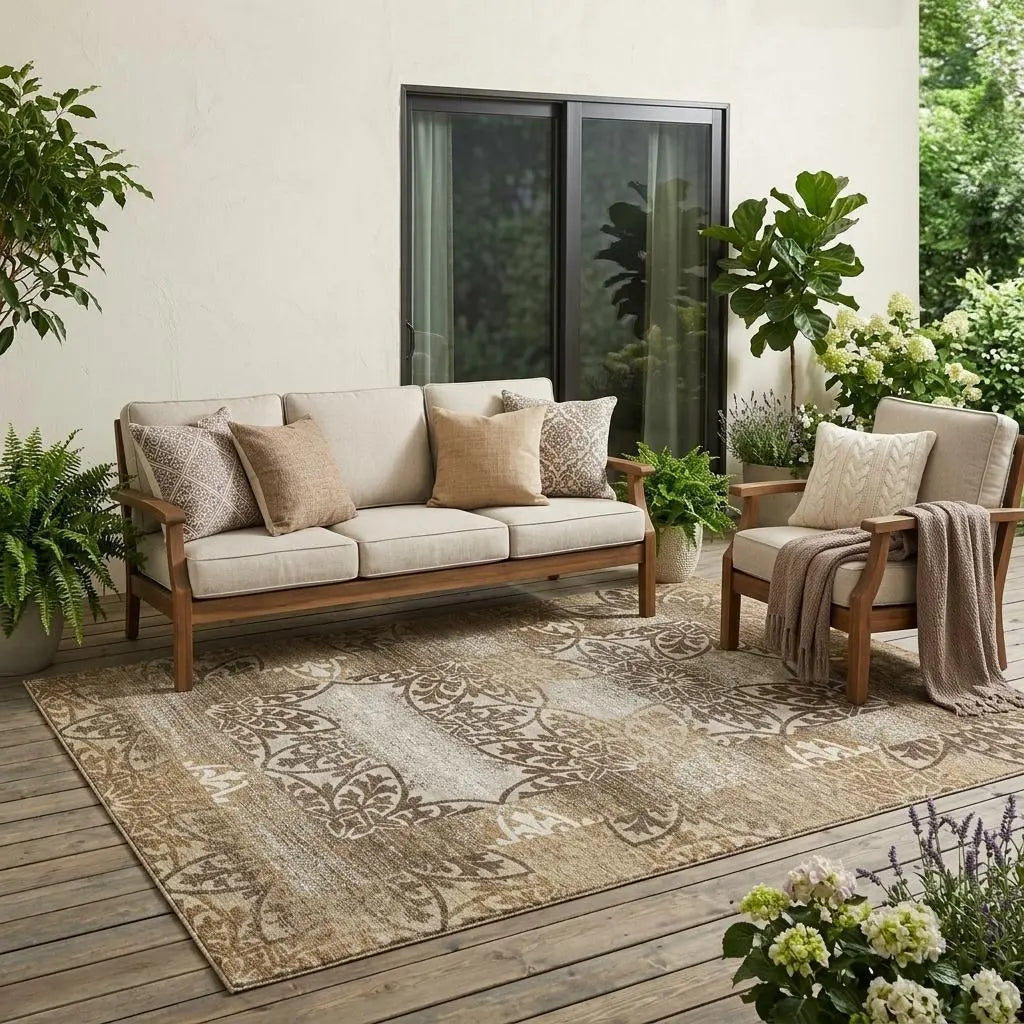 5' X 8' Brown And Beige Oriental Washable Indoor Outdoor Area Rug Homeroots Outdoor