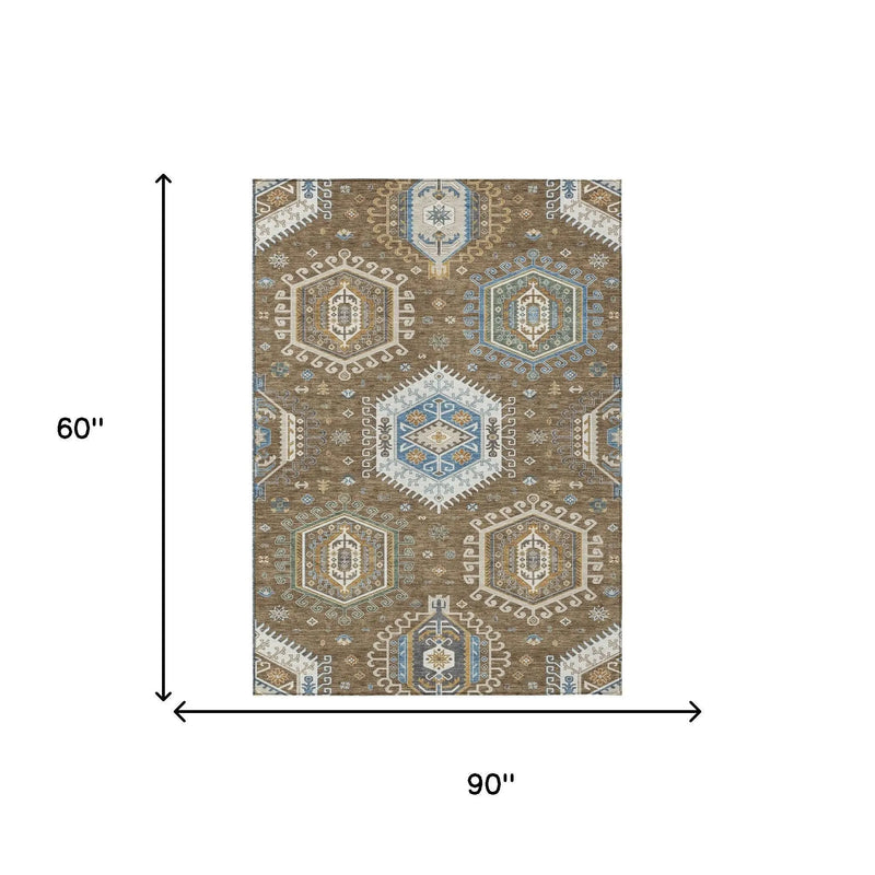 5' X 8' Brown And Beige Tribal Washable Indoor Outdoor Area Rug Homeroots Outdoor