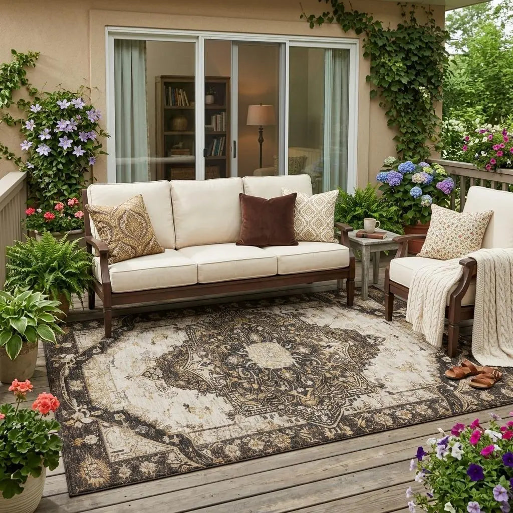 5' X 8' Brown And Chocolate Floral Medallion Washable Indoor Outdoor Area Rug Homeroots Outdoor