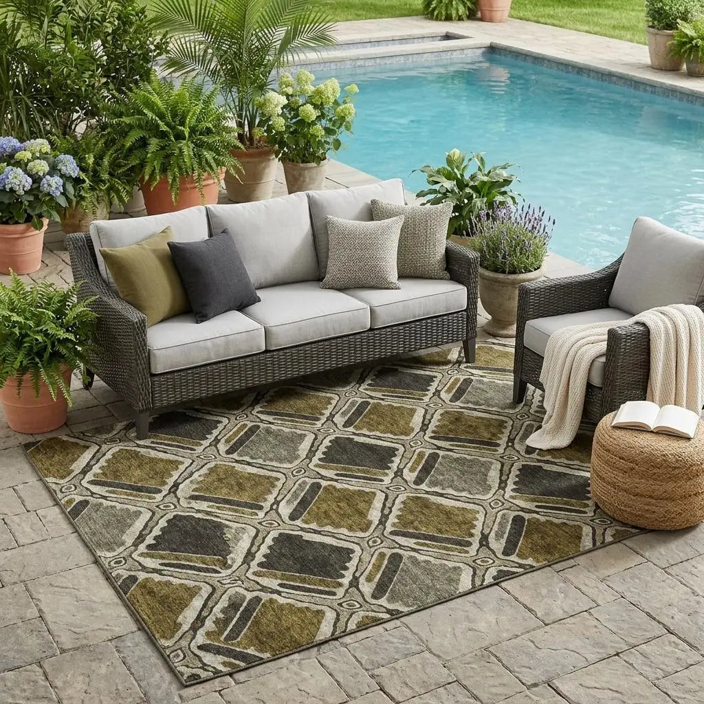 5' X 8' Brown And Chocolate Geometric Washable Indoor Outdoor Area Rug Homeroots Outdoor