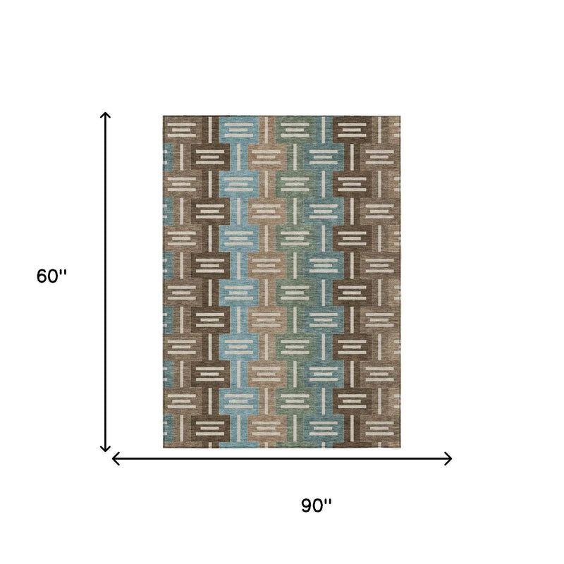 5' X 8' Brown And Chocolate Geometric Washable Indoor Outdoor Area Rug Homeroots Outdoor