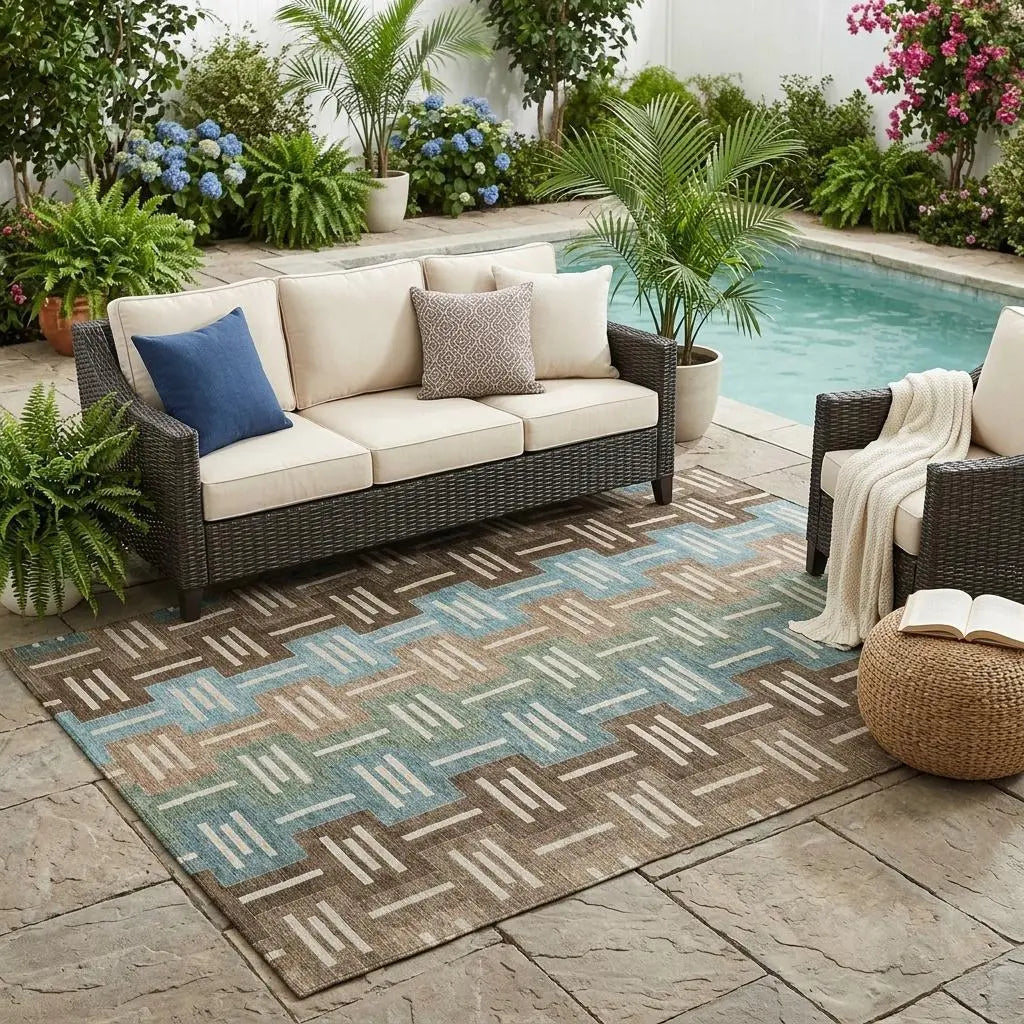 5' X 8' Brown And Chocolate Geometric Washable Indoor Outdoor Area Rug Homeroots Outdoor