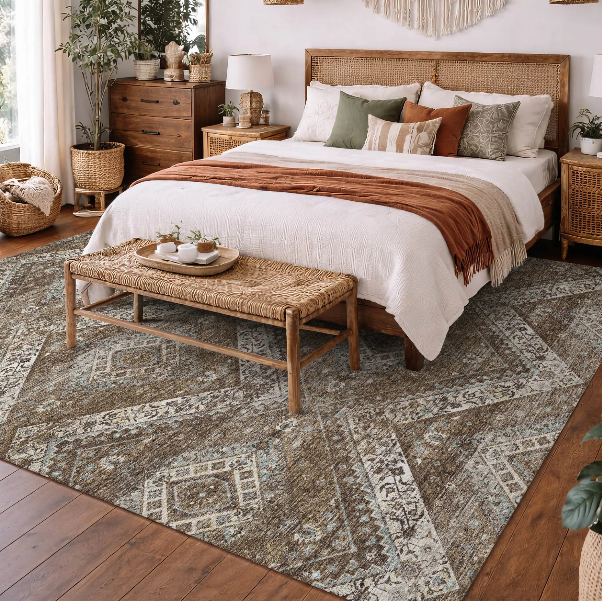 5' X 8' Brown And Chocolate Tribal Washable Indoor Outdoor Area Rug Homeroots Outdoor