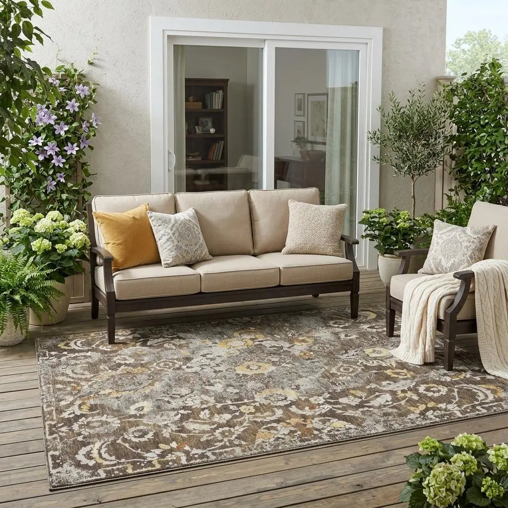5' X 8' Brown And Coffee Floral Washable Indoor Outdoor Area Rug Homeroots Outdoor