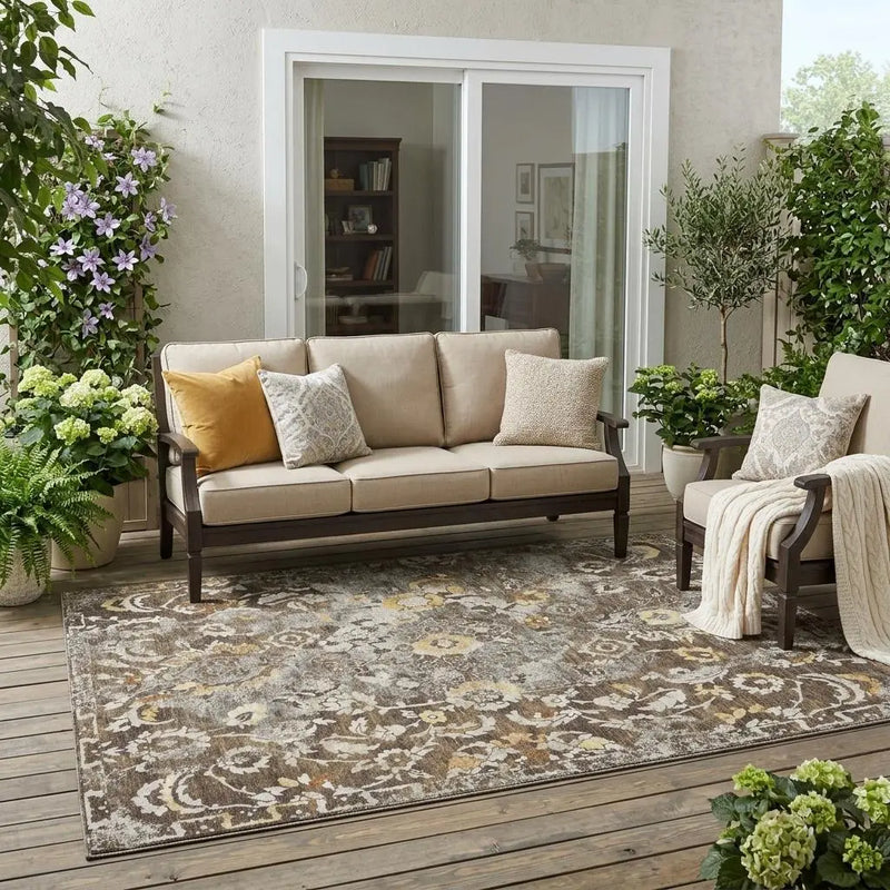 5' X 8' Brown And Coffee Floral Washable Indoor Outdoor Area Rug Homeroots Outdoor