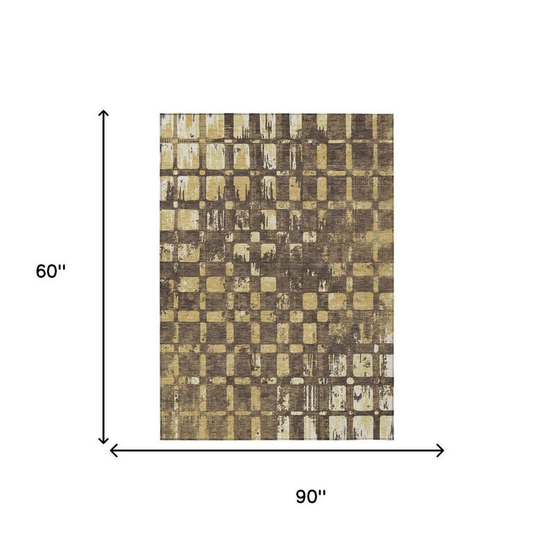5' X 8' Brown And Gold Abstract Washable Indoor Outdoor Area Rug Homeroots Outdoor