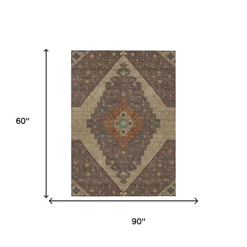 5' X 8' Brown And Gold Geometric Washable Indoor Outdoor Area Rug Homeroots Outdoor