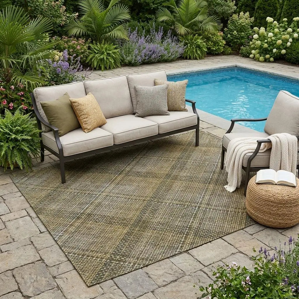 5' X 8' Brown And Gold Plaid Washable Indoor Outdoor Area Rug Homeroots Outdoor