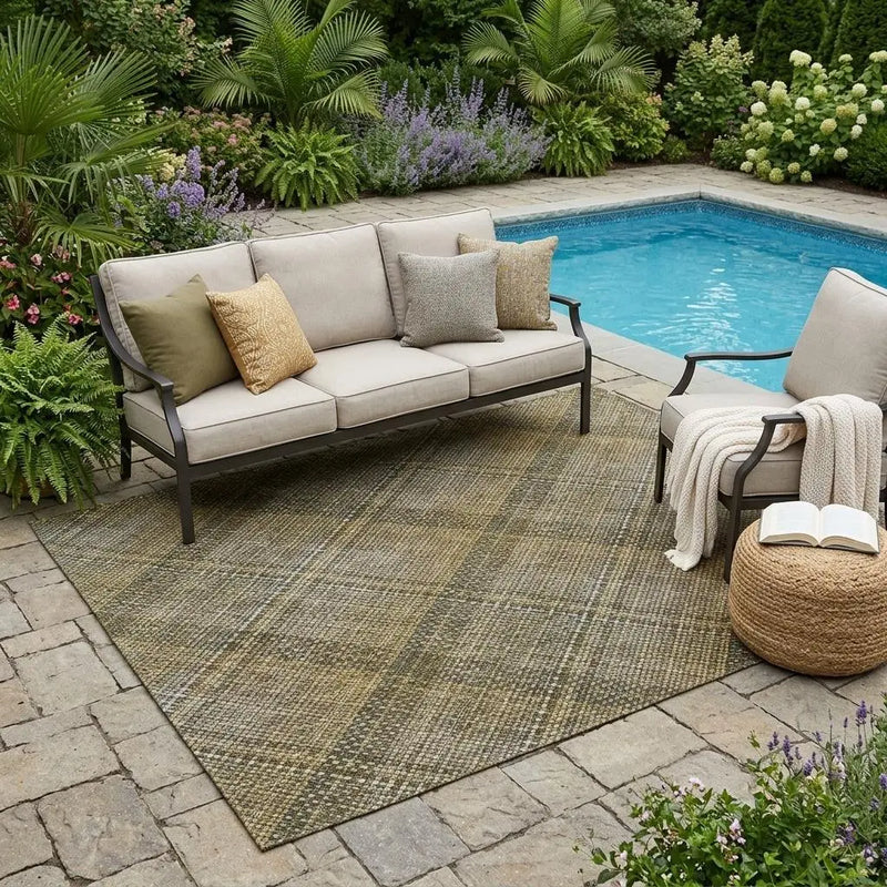 5' X 8' Brown And Gold Plaid Washable Indoor Outdoor Area Rug Homeroots Outdoor