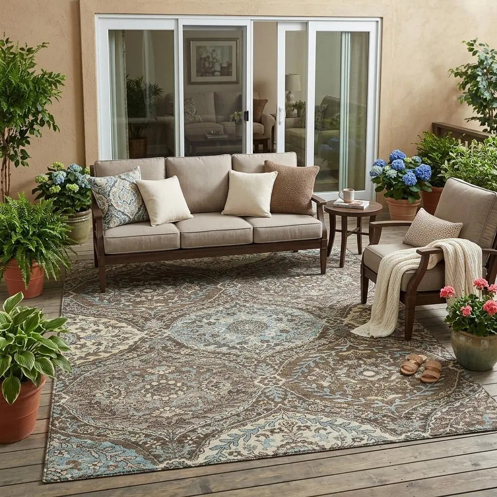 5' X 8' Brown And Graphite Ogee Washable Indoor Outdoor Area Rug Homeroots Outdoor
