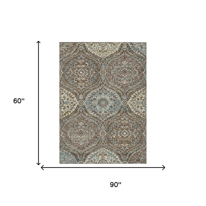 5' X 8' Brown And Graphite Ogee Washable Indoor Outdoor Area Rug Homeroots Outdoor