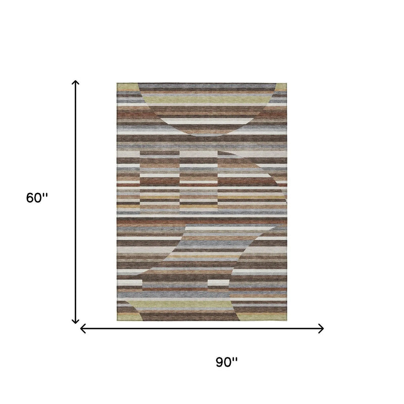 5' X 8' Brown And Gray Striped Washable Indoor Outdoor Area Rug Homeroots Outdoor