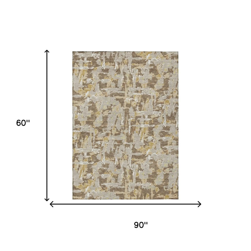 5' X 8' Brown And Ivory Abstract Washable Indoor Outdoor Area Rug Homeroots Outdoor