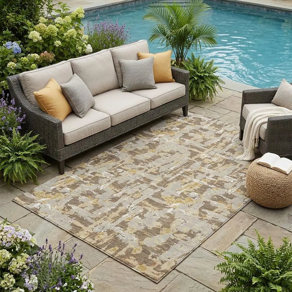 5' X 8' Brown And Ivory Abstract Washable Indoor Outdoor Area Rug Homeroots Outdoor
