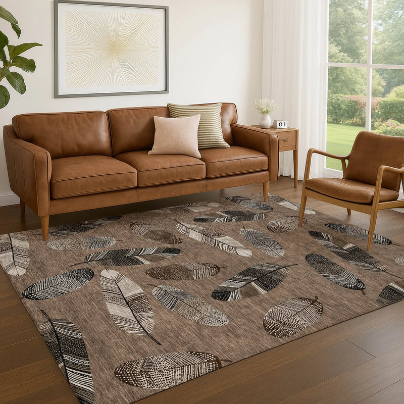 5' X 8' Brown And Ivory Botanical Leaves Washable Indoor Outdoor Area Rug Homeroots Outdoor