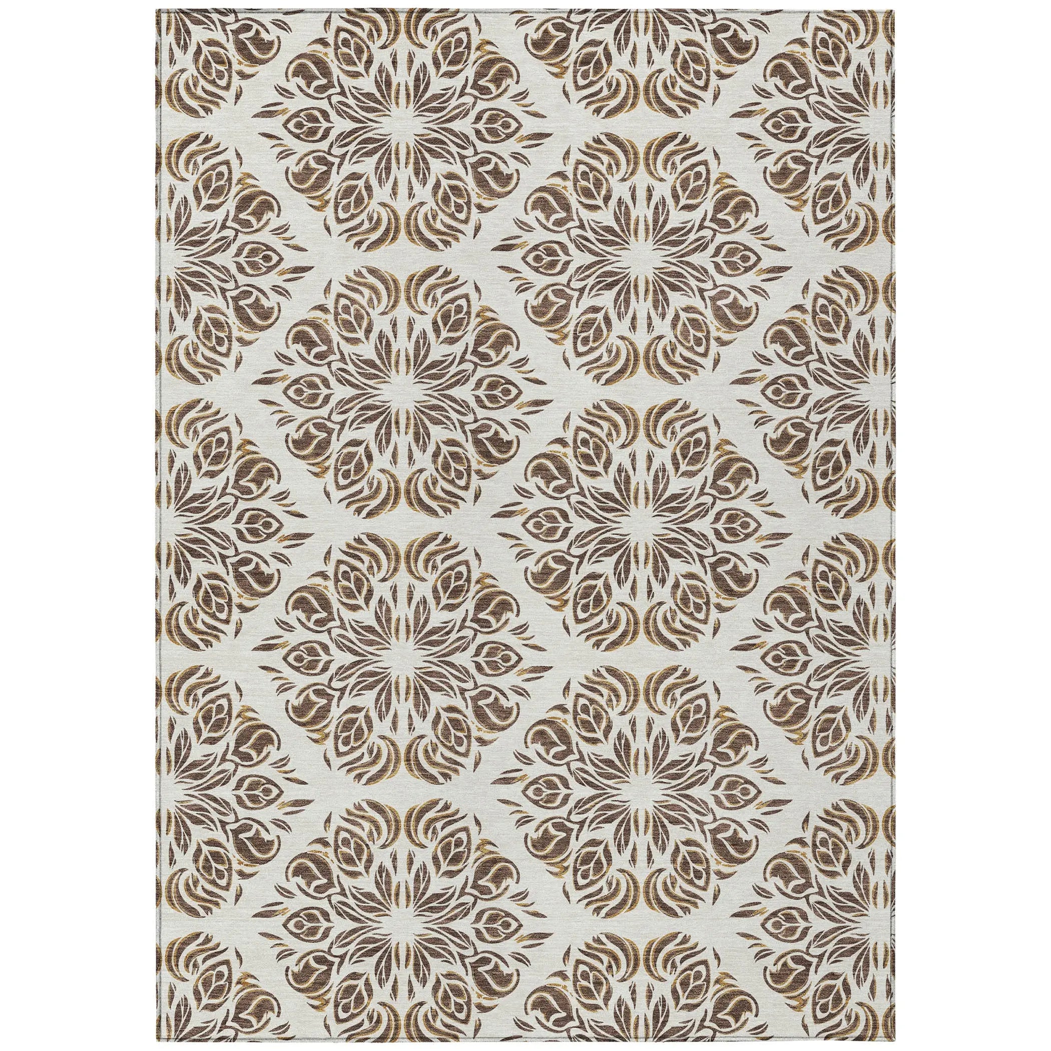 5' X 8' Brown And Ivory Damask Washable Indoor Outdoor Area Rug Homeroots Outdoor