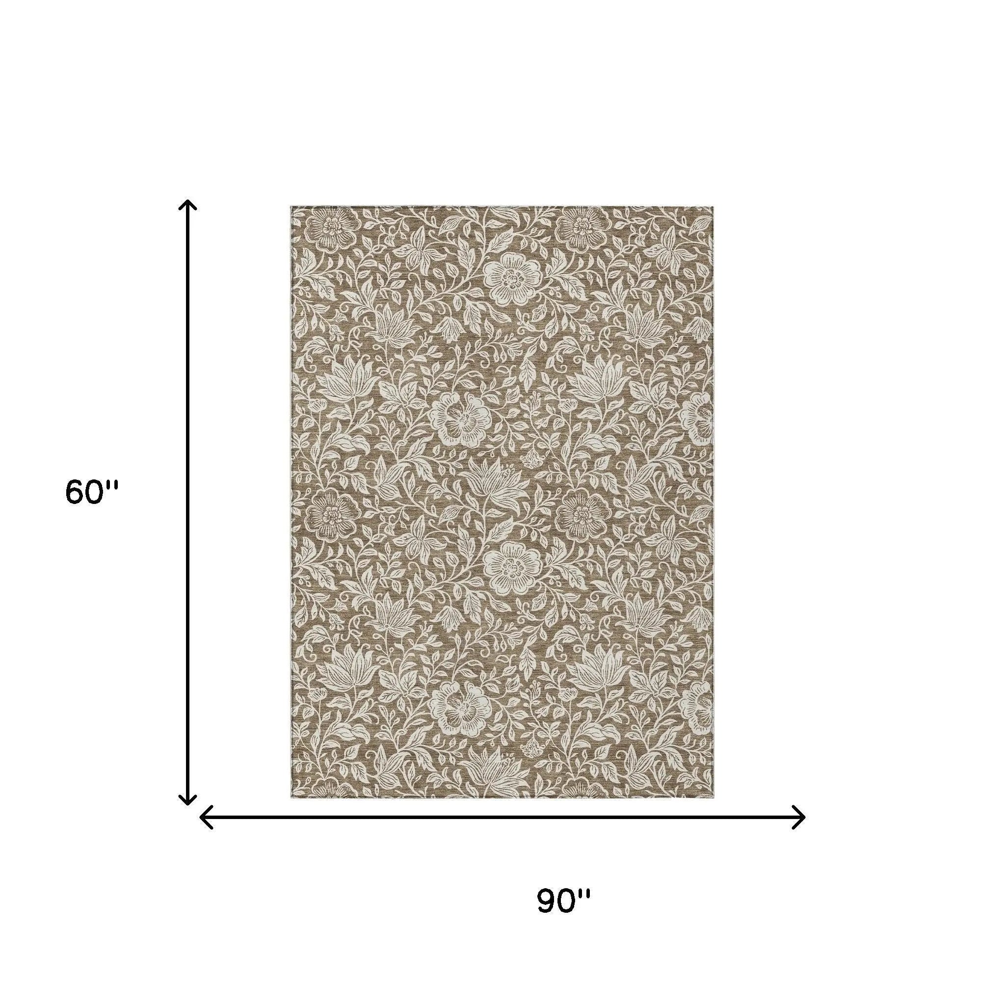 5' X 8' Brown And Ivory Floral Washable Indoor Outdoor Area Rug Homeroots Outdoor