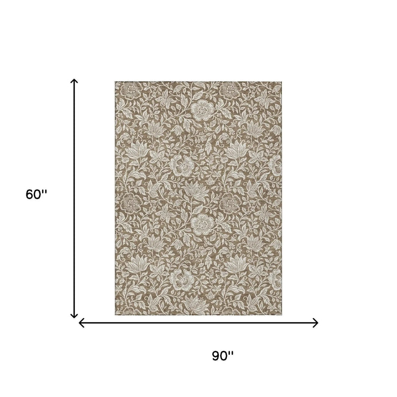 5' X 8' Brown And Ivory Floral Washable Indoor Outdoor Area Rug Homeroots Outdoor