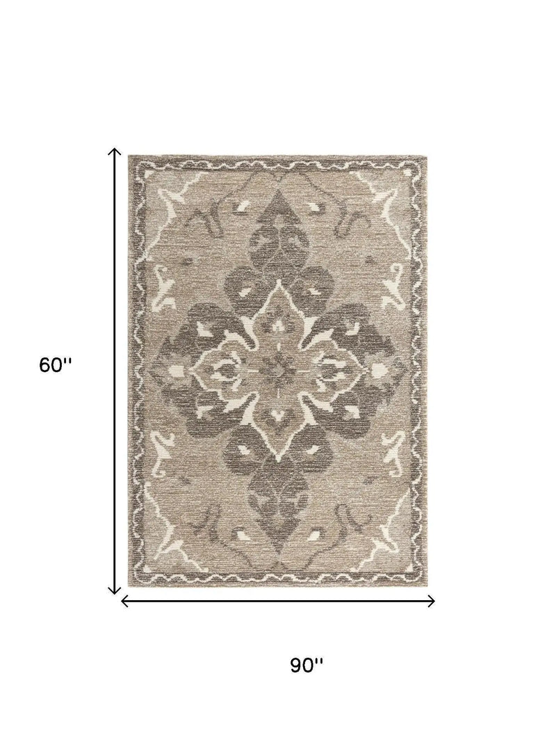 5' X 8' Brown And Ivory Wool Medallion Hand Tufted Area Rug Homeroots Home Decor