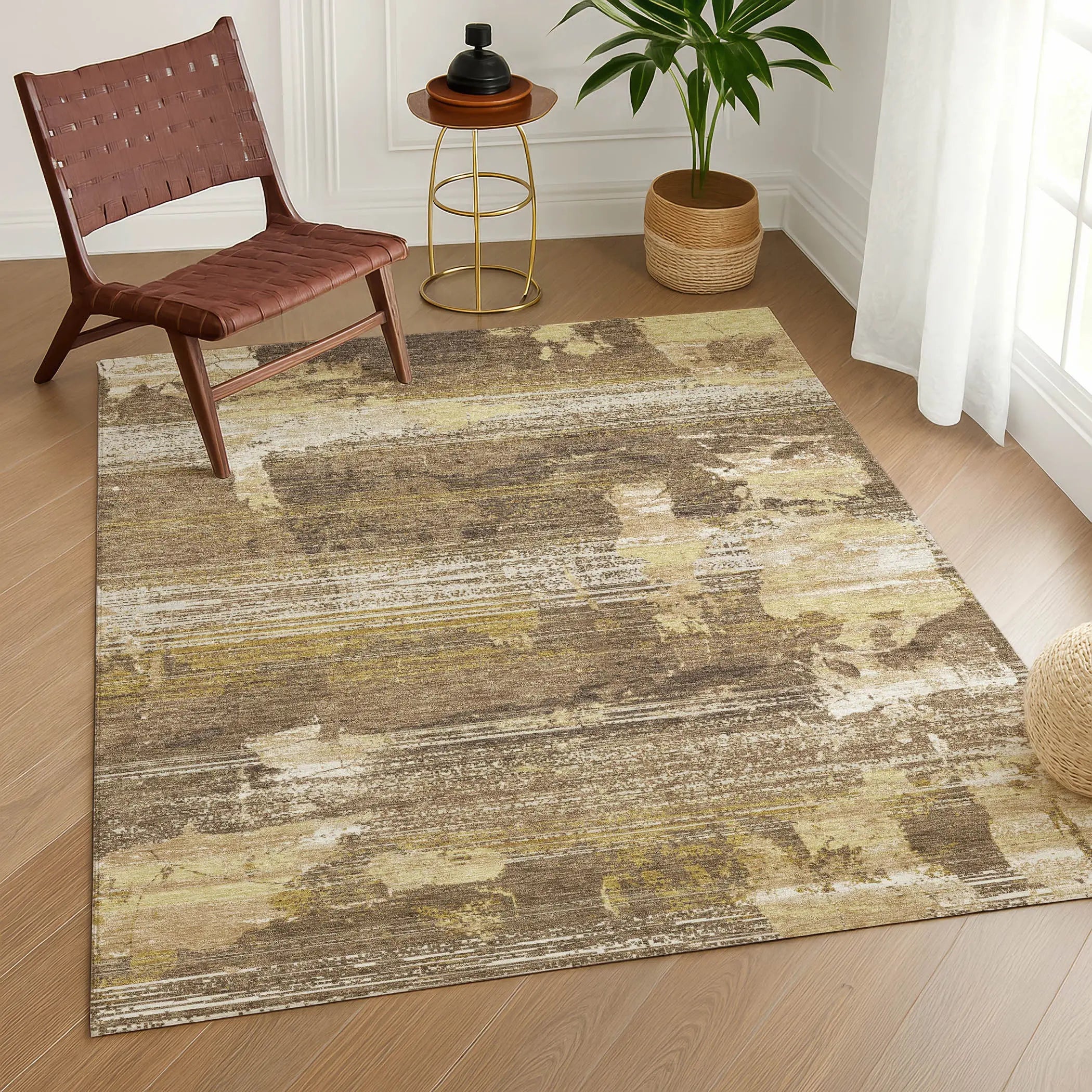 5' X 8' Brown And Khaki Abstract Washable Indoor Outdoor Area Rug Homeroots Outdoor