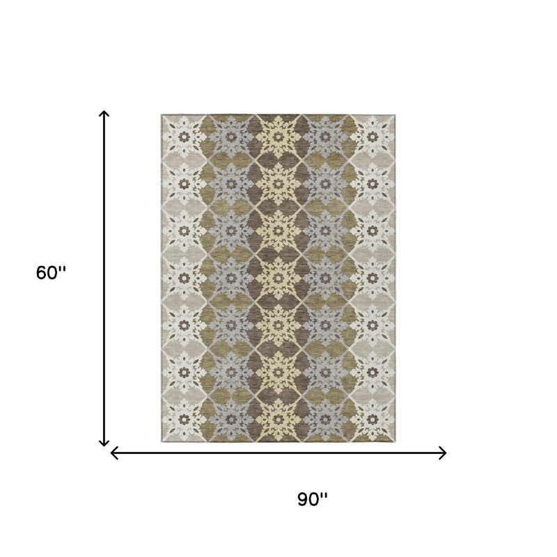 5' X 8' Brown And Pewter Floral Medallion Washable Indoor Outdoor Area Rug Homeroots Outdoor