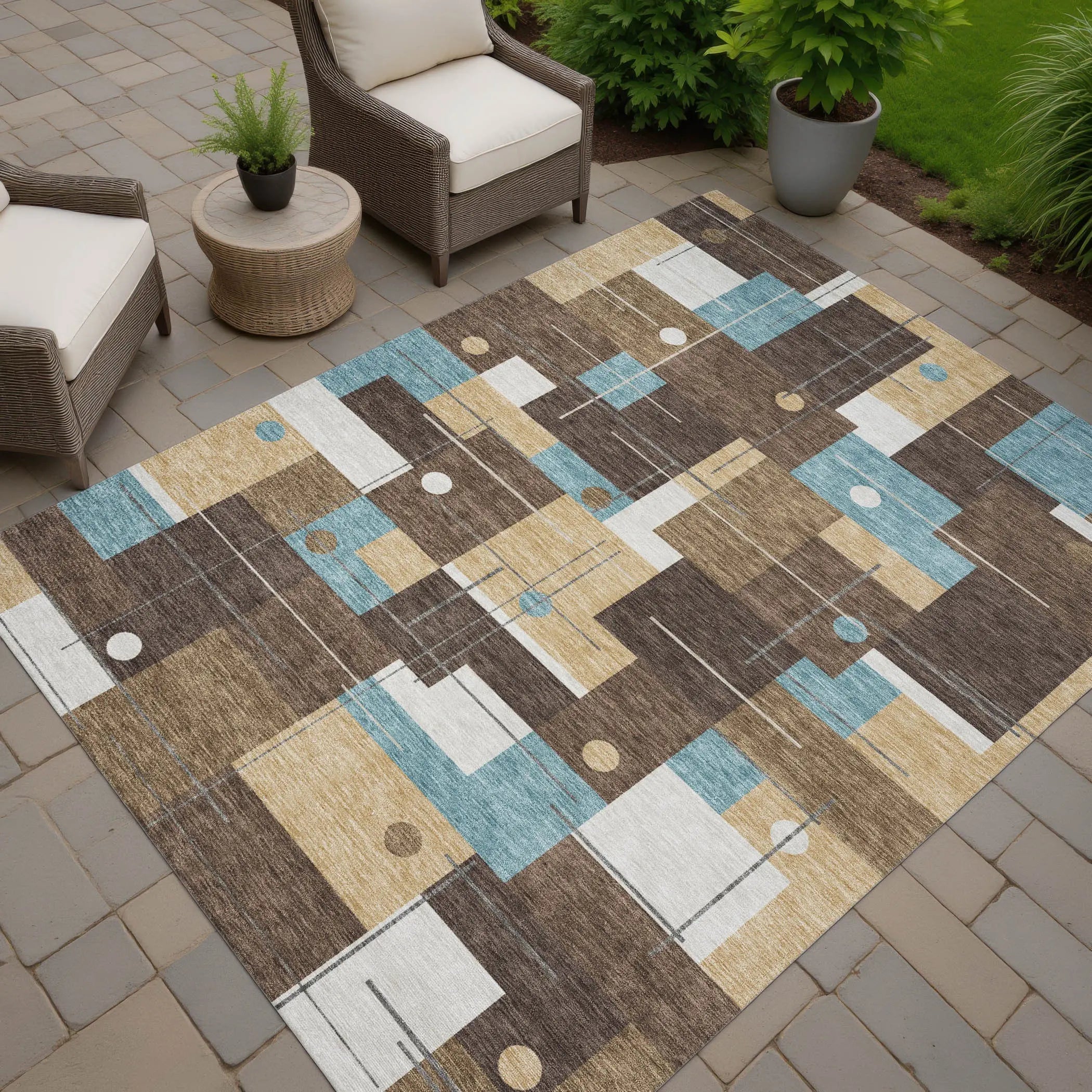 5' X 8' Brown And Pewter Geometric Washable Indoor Outdoor Area Rug Homeroots Outdoor