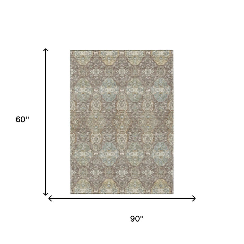 5' X 8' Brown And Sage Floral Washable Indoor Outdoor Area Rug Homeroots Outdoor