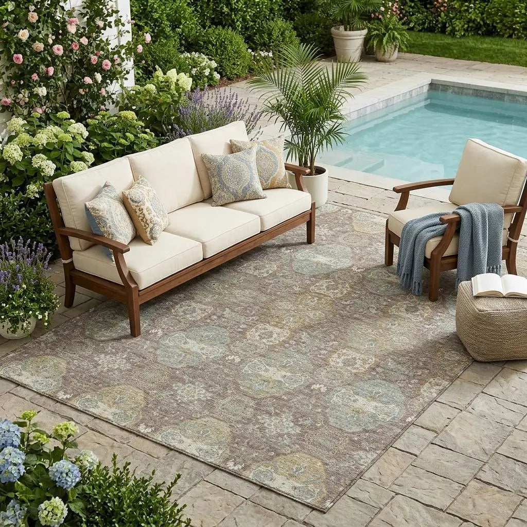 5' X 8' Brown And Sage Floral Washable Indoor Outdoor Area Rug Homeroots Outdoor
