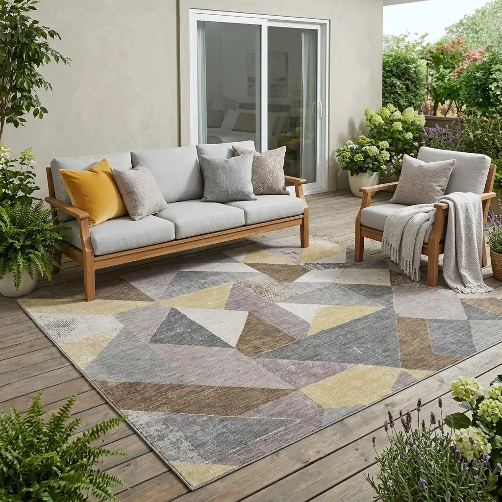 5' X 8' Brown And Silver Geometric Washable Indoor Outdoor Area Rug Homeroots Outdoor