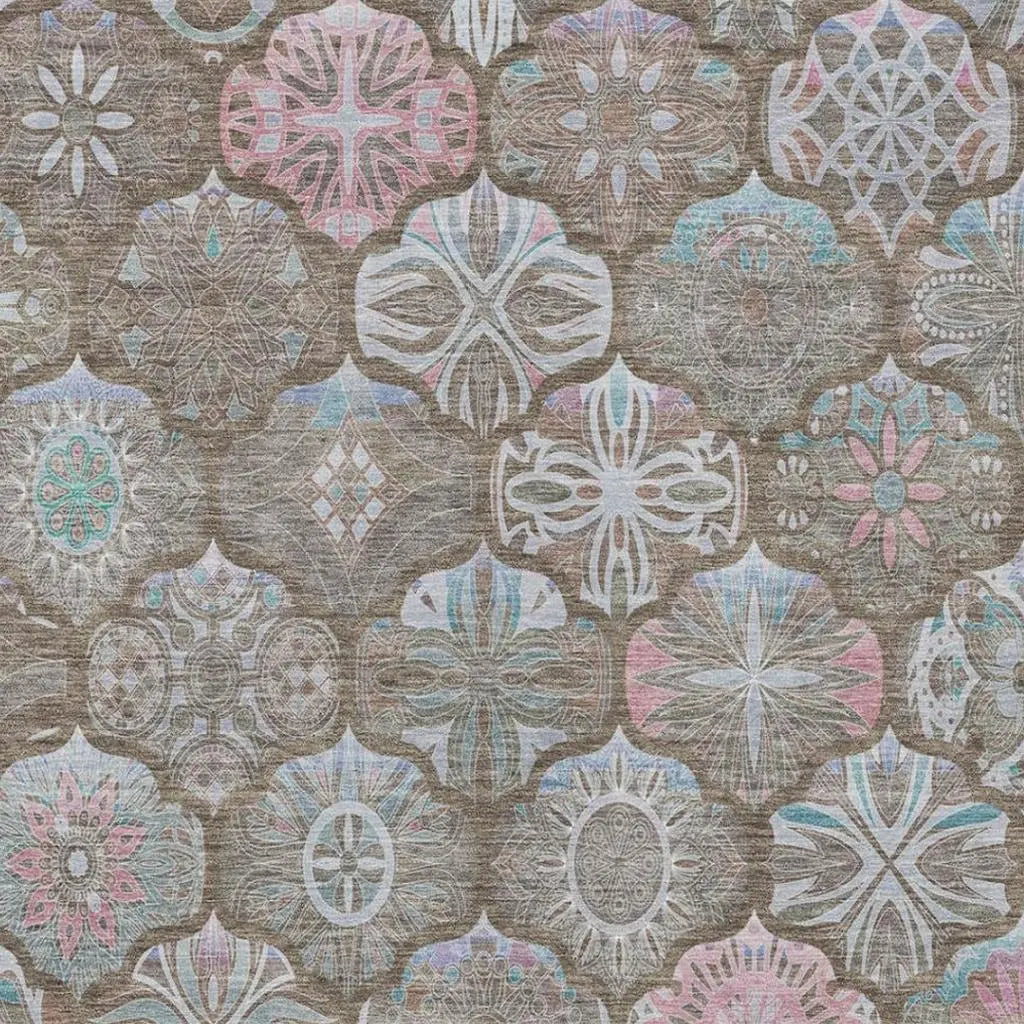 5' X 8' Brown And Silver Ogee Washable Indoor Outdoor Area Rug Homeroots Outdoor
