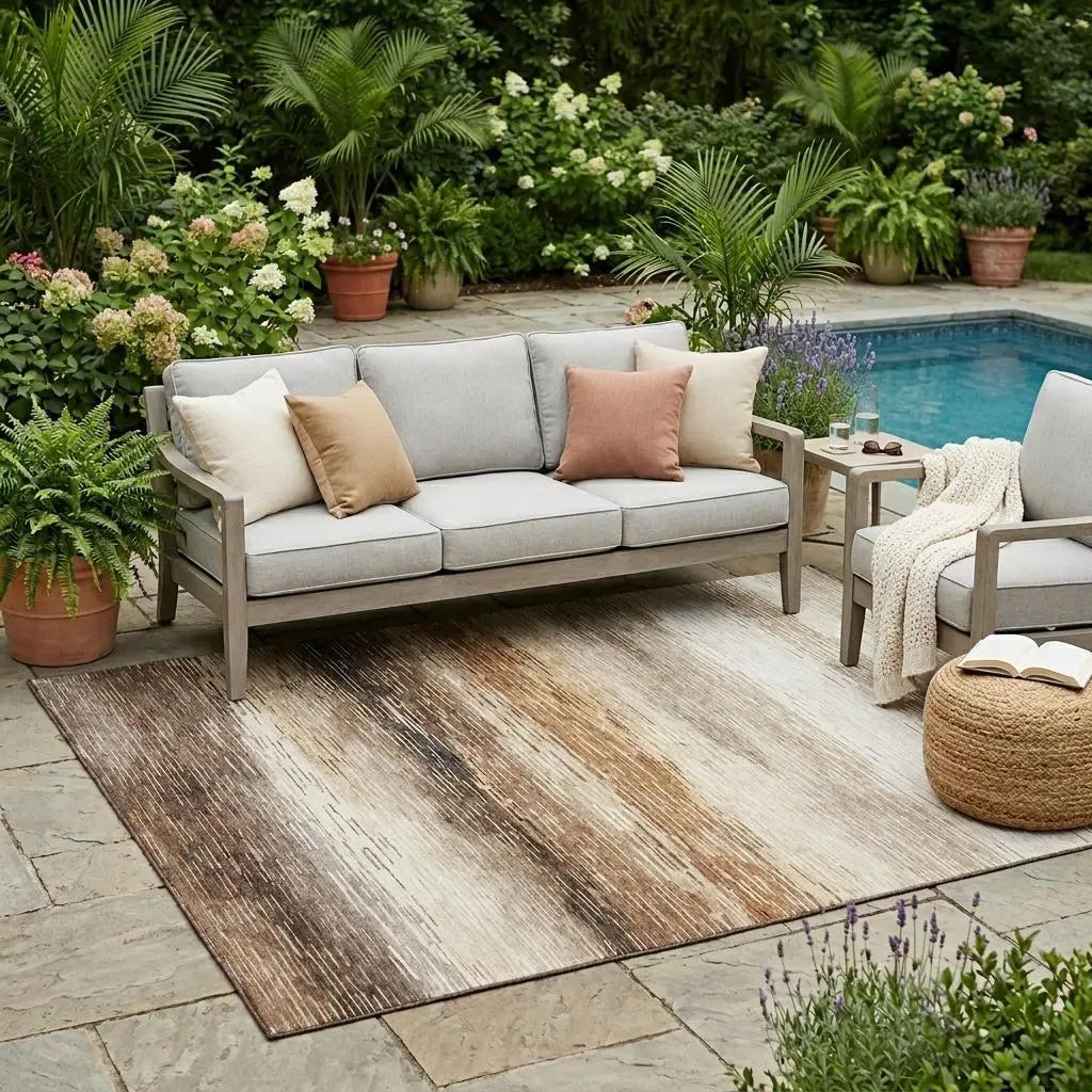 5' X 8' Brown And Silver Striped Washable Indoor Outdoor Area Rug Homeroots Outdoor