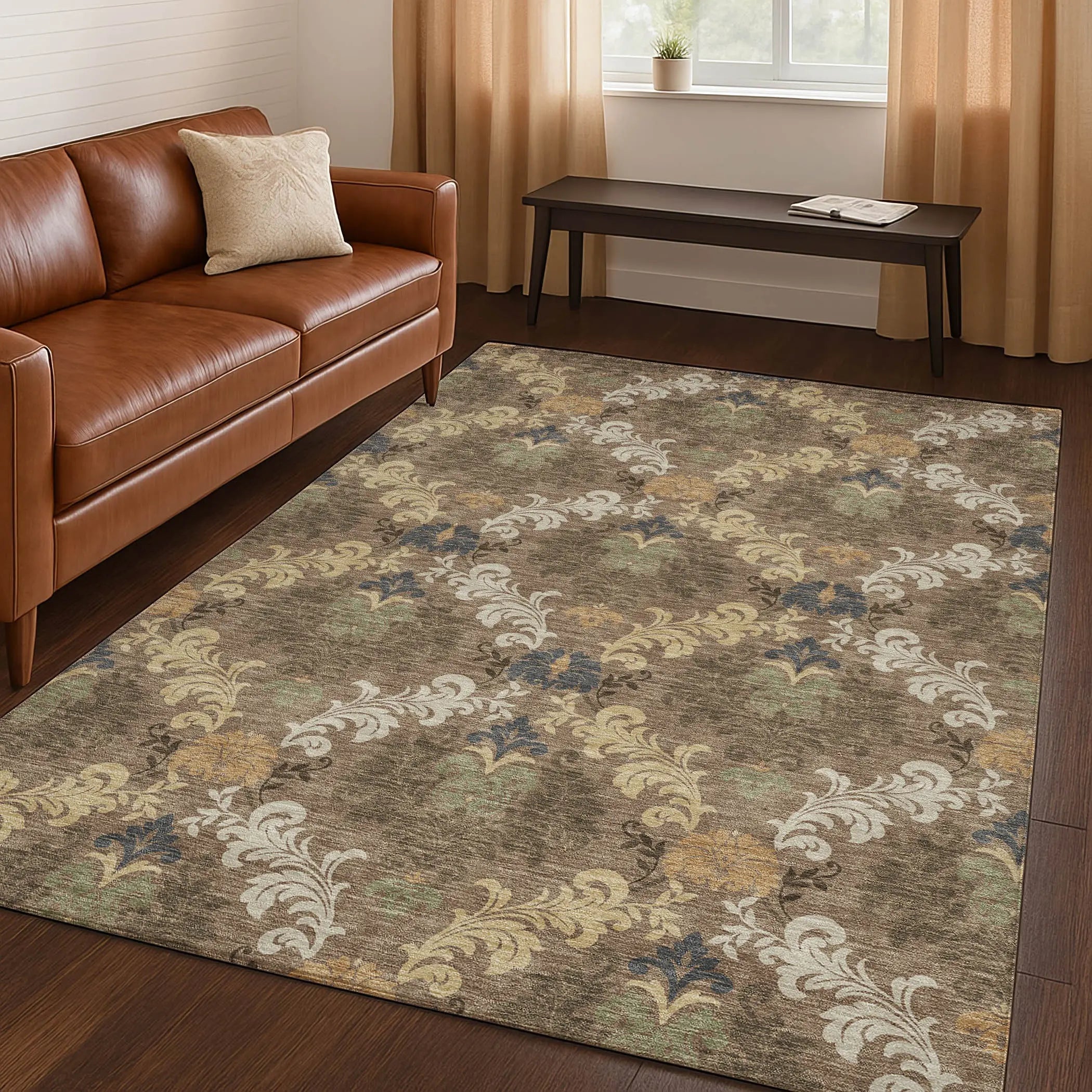 5' X 8' Brown And Taupe Damask Washable Indoor Outdoor Area Rug Homeroots Outdoor