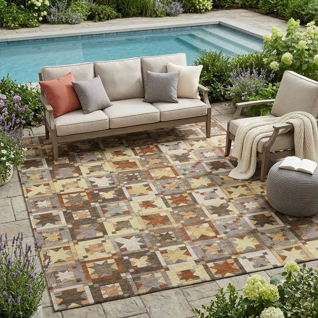5' X 8' Brown And Wheat Patchwork Washable Indoor Outdoor Area Rug Homeroots Outdoor